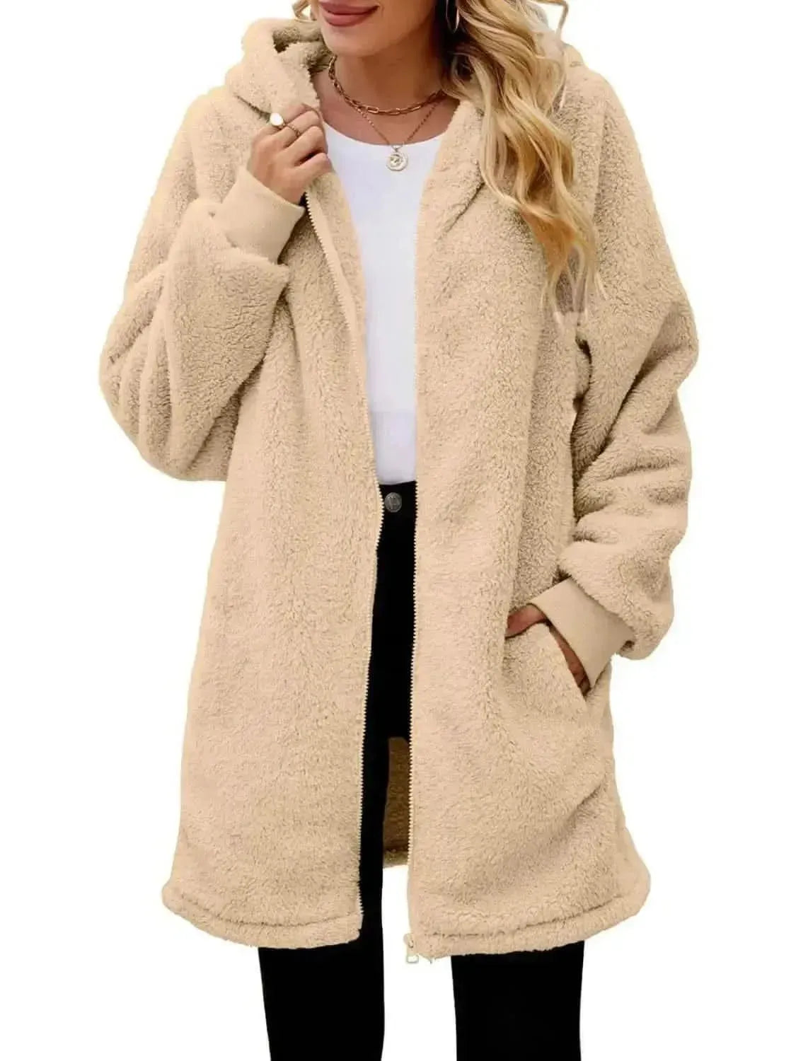 Fuzzy Pocketed Zip Up Long Sleeve Hooded Jacket - Bad Moms Club
