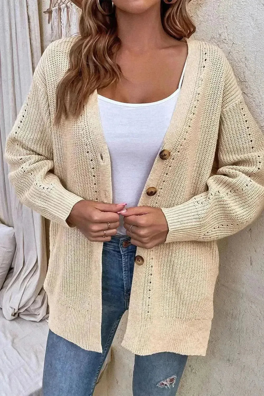 V-Neck Openwork Long Sleeve Cardigan - Bad Moms Club