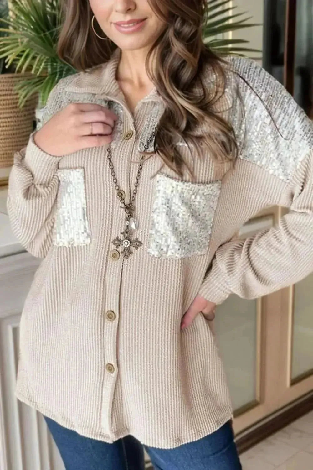 Sequin Button Up Dropped Shoulder Jacket - Bad Moms Club