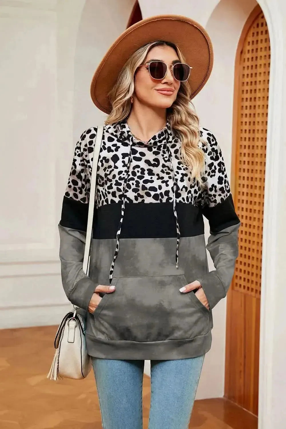 Leopard Drawstring Hoodie with Pocket - Bad Moms Club
