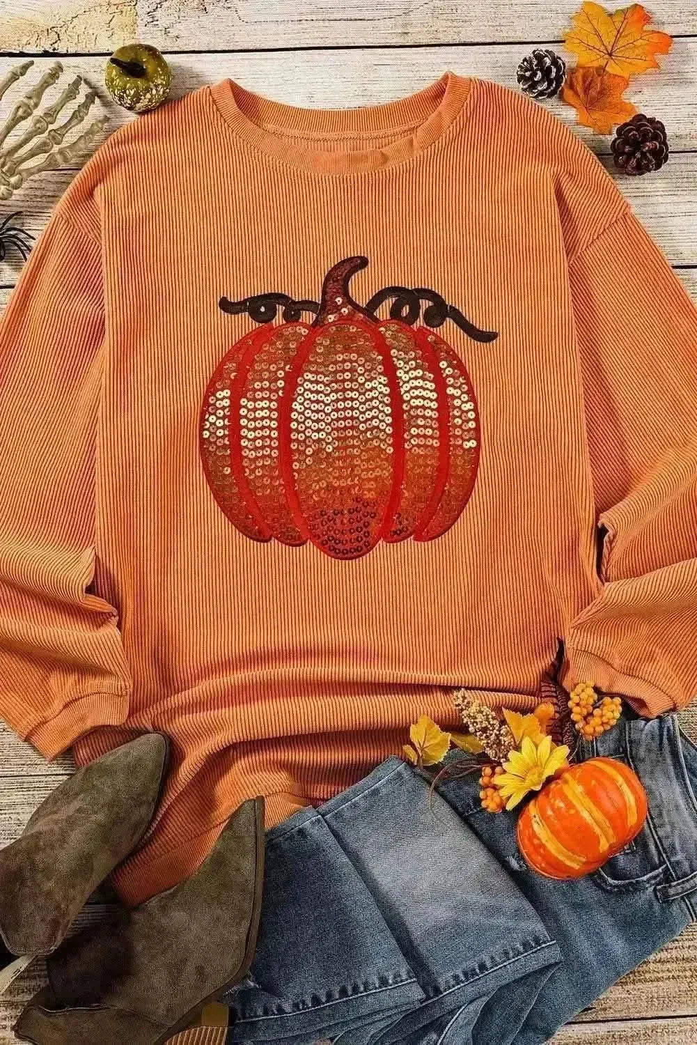 Sequin Pumpkin Round Neck Long Sleeve Sweatshirt - Bad Moms Club