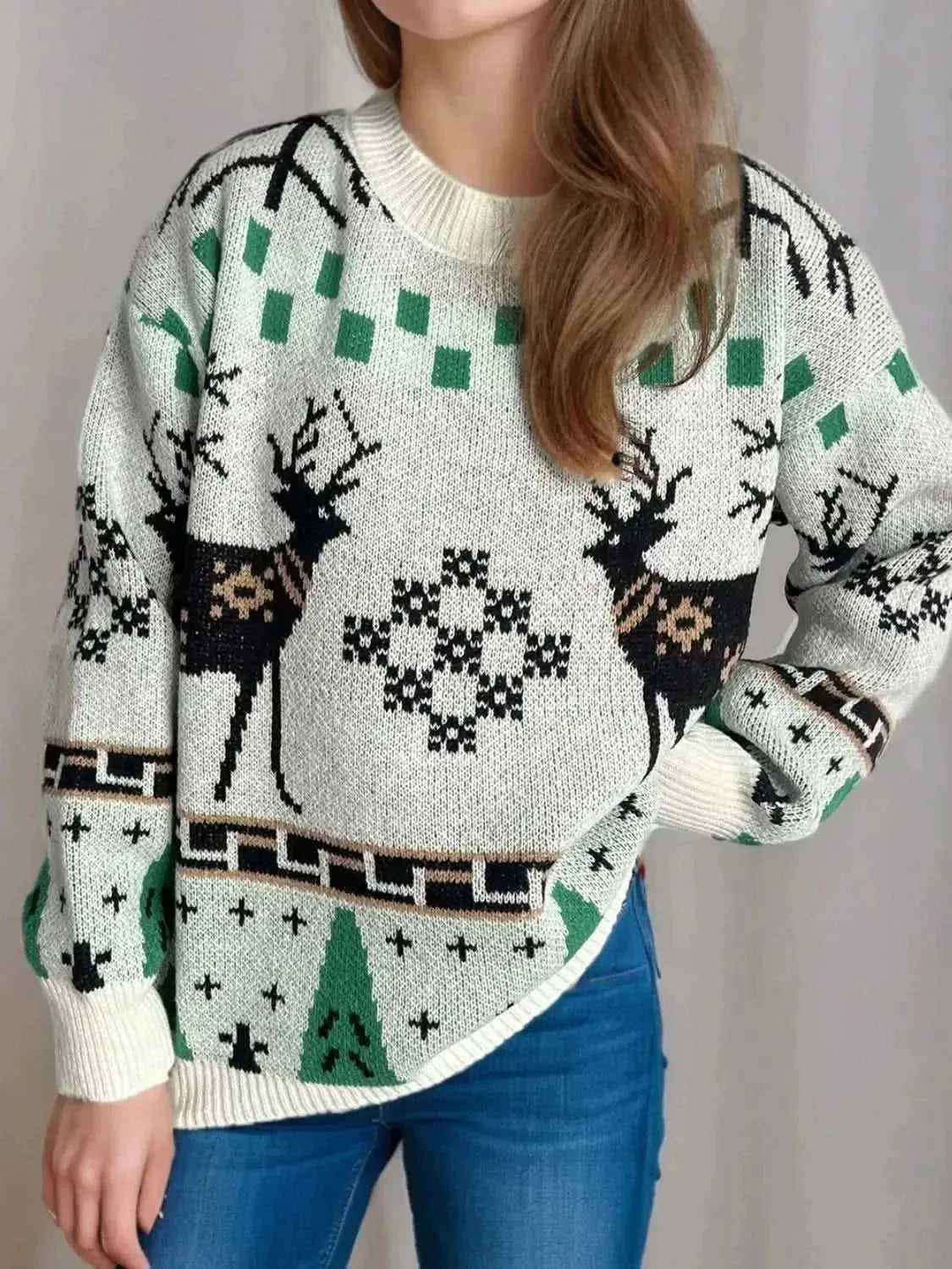 Christmas Element Round Neck Long Sleeve Sweater - Bad Moms Club