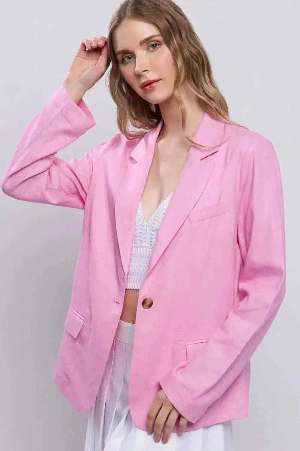 Love Tree One-Button Long Sleeve Linen Blazer - Bad Moms Club