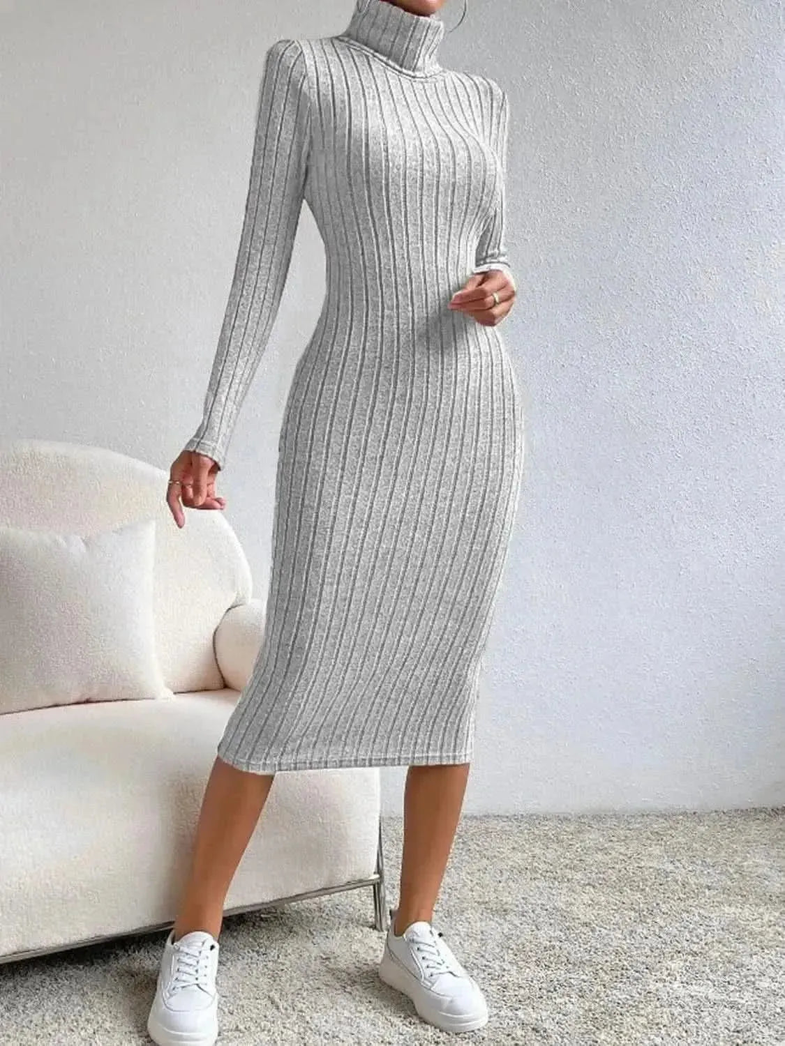 Turtleneck Long Sleeve Midi Sweater Dress - Bad Moms Club