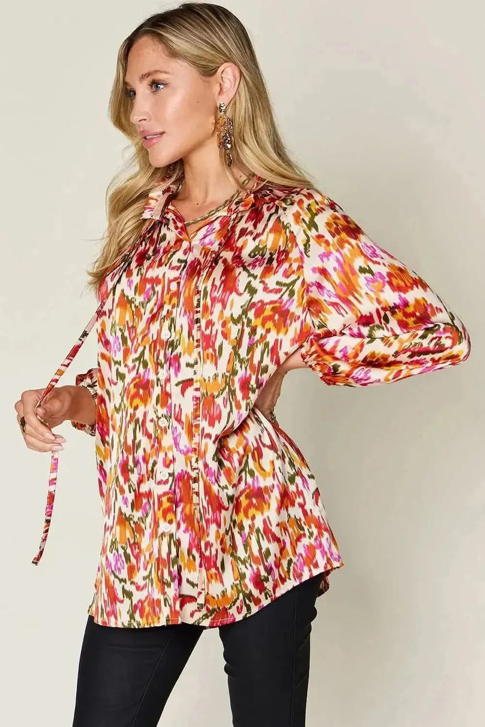 Double Take Full Size Printed Button Up Long Sleeve Shirt - Bad Moms Club