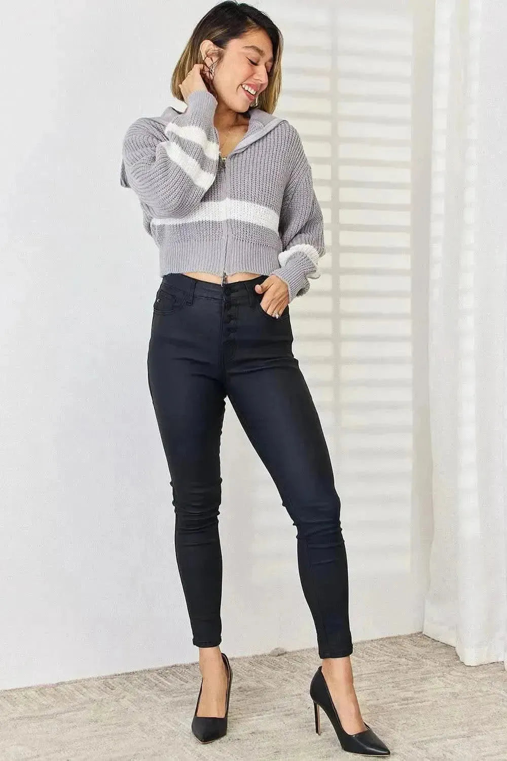 Striped Zip Up Dropped Shoulder Cardigan - Bad Moms Club