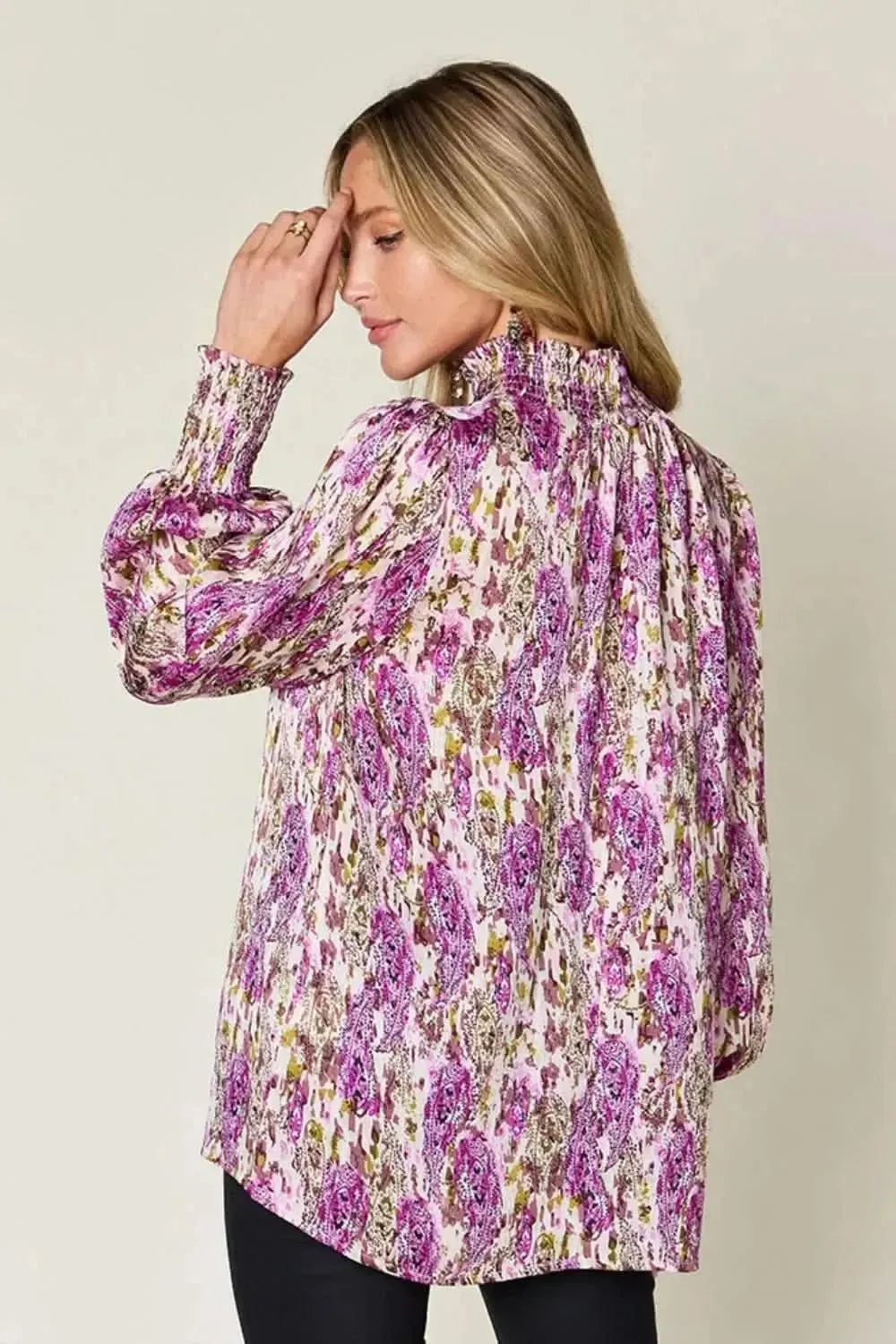Double Take Full Size Printed Smocked Long Sleeve Blouse - Bad Moms Club