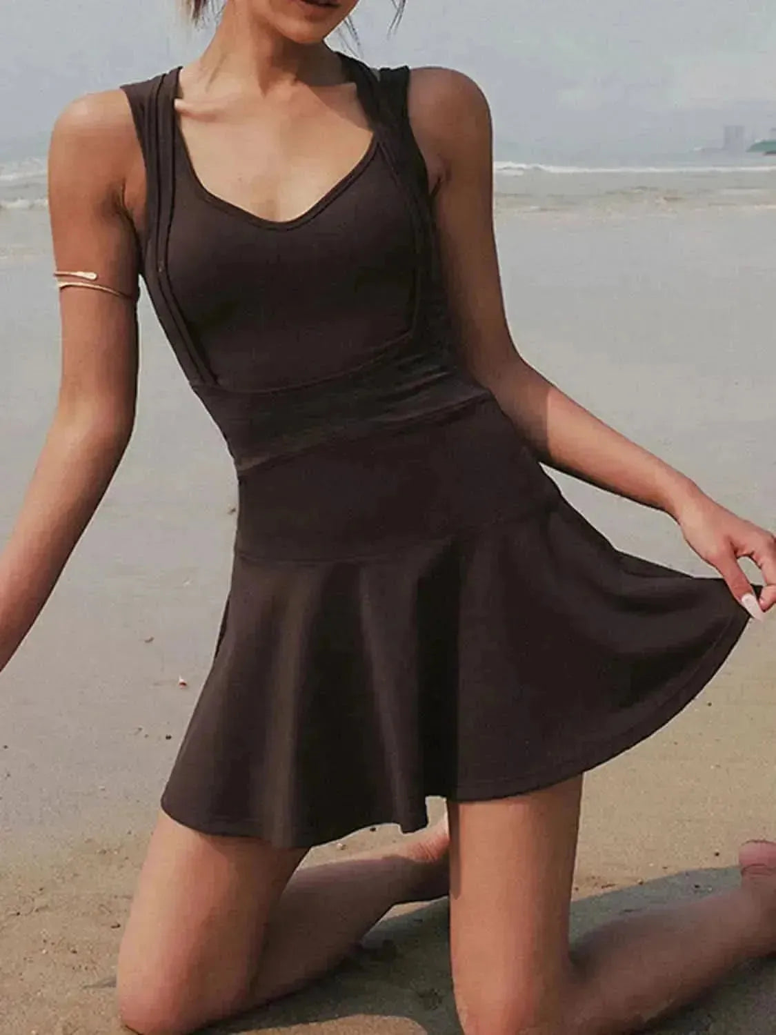 V-Neck Wide Strap Active Dress with Unitard Liner - Bad Moms Club