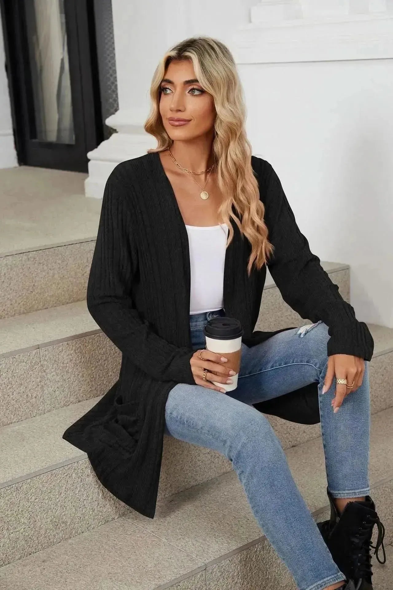 Pocketed Open Front Long Sleeve Cardigan - Bad Moms Club