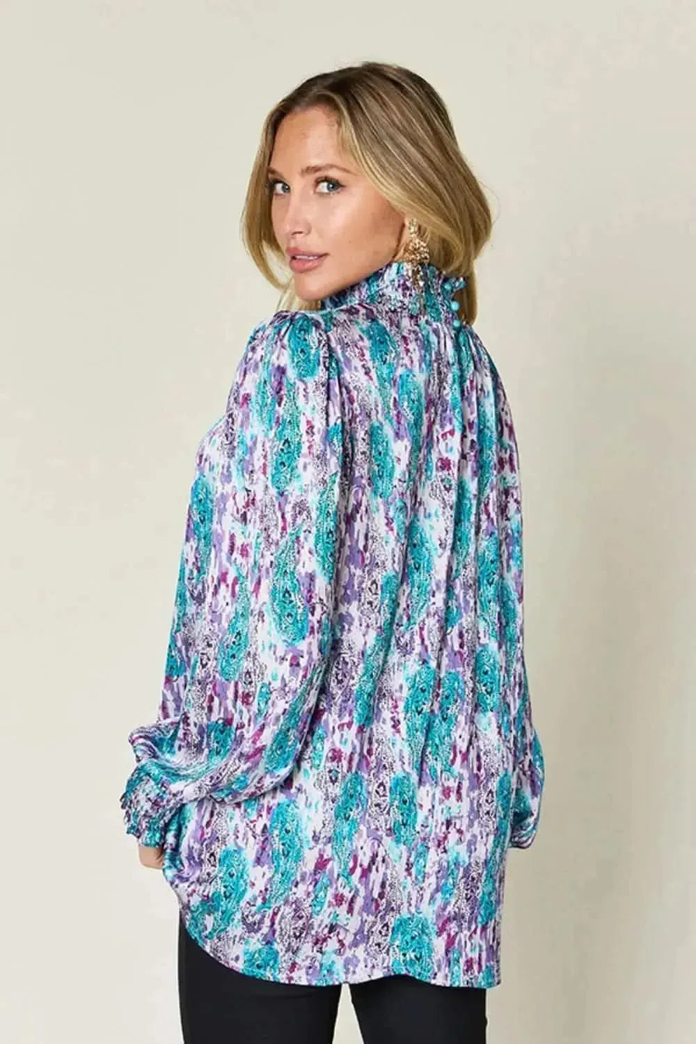 Double Take Full Size Printed Smocked Long Sleeve Blouse - Bad Moms Club