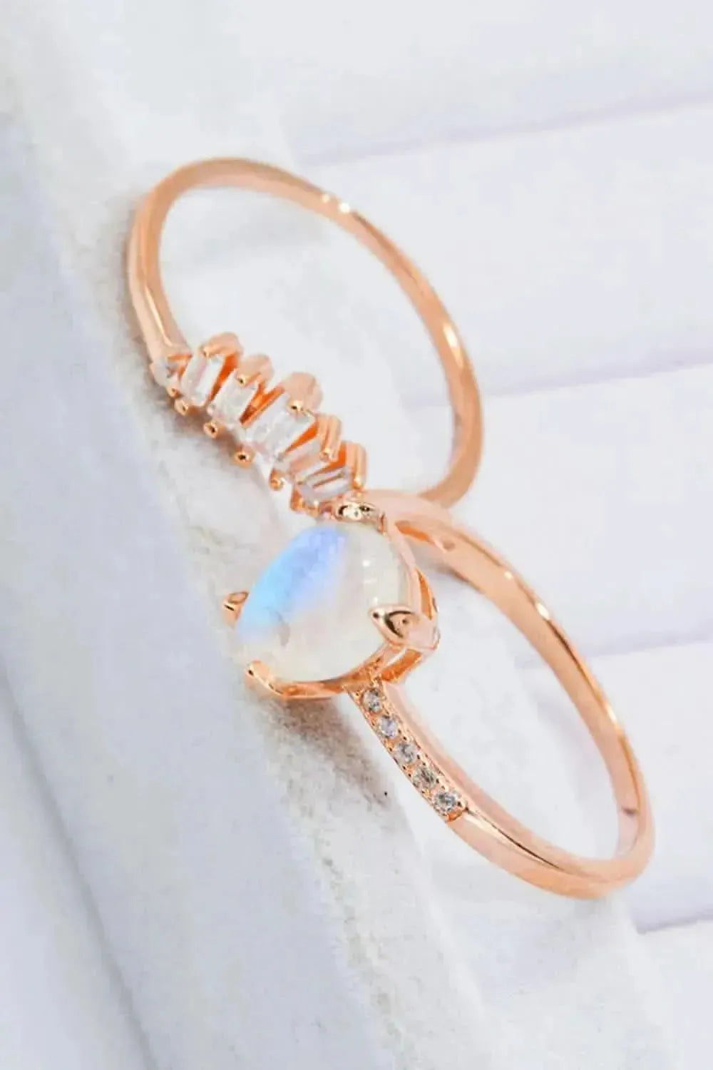 Natural Moonstone and Zircon 18K Rose Gold-Plated Two-Piece Ring Set - Bad Moms Club