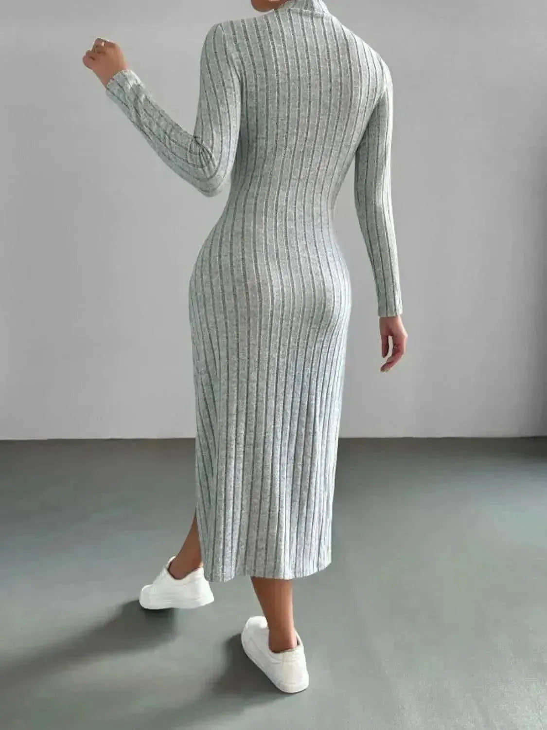 Ribbed Mock Neck Long Sleeve Midi Sweater Dress - Bad Moms Club