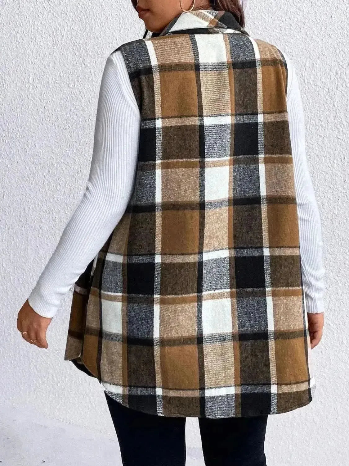 Honey Plus Size Pocketed Plaid Button Up Vest Coat - Bad Moms Club
