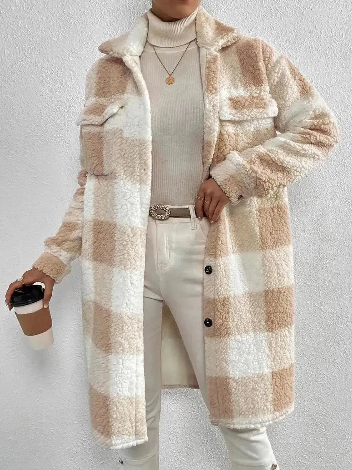 Plaid Collared Neck Button Down Coat - Bad Moms Club
