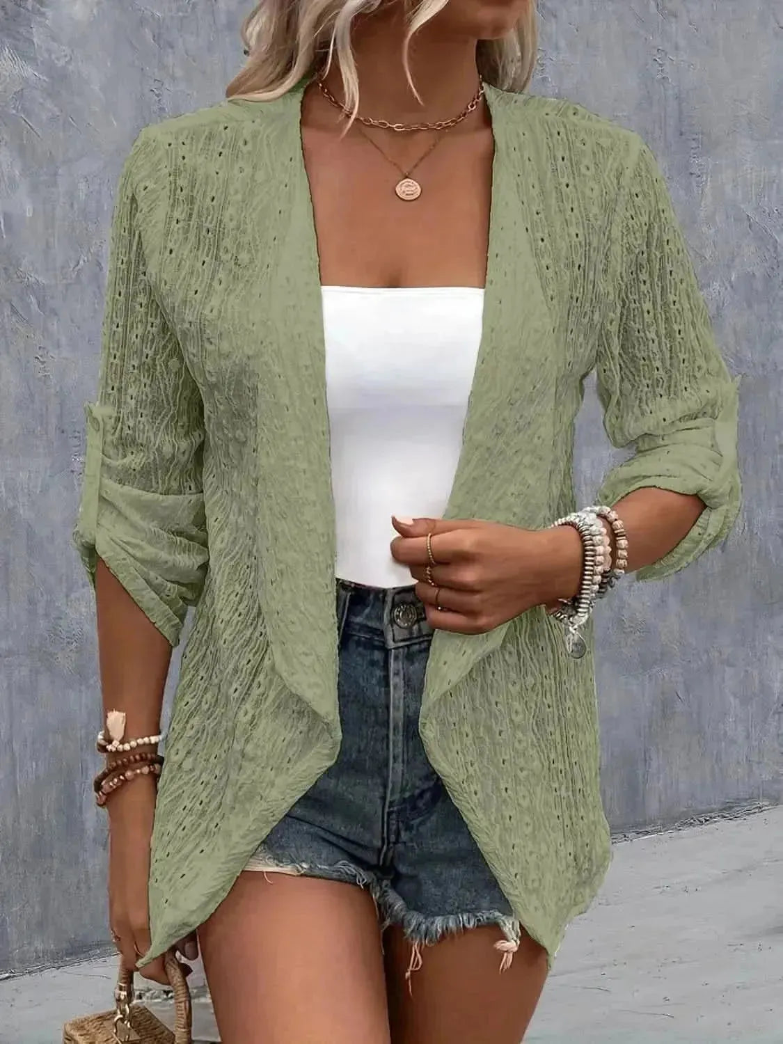 Eyelet Roll-Tab Sleeve Cardigan - Bad Moms Club