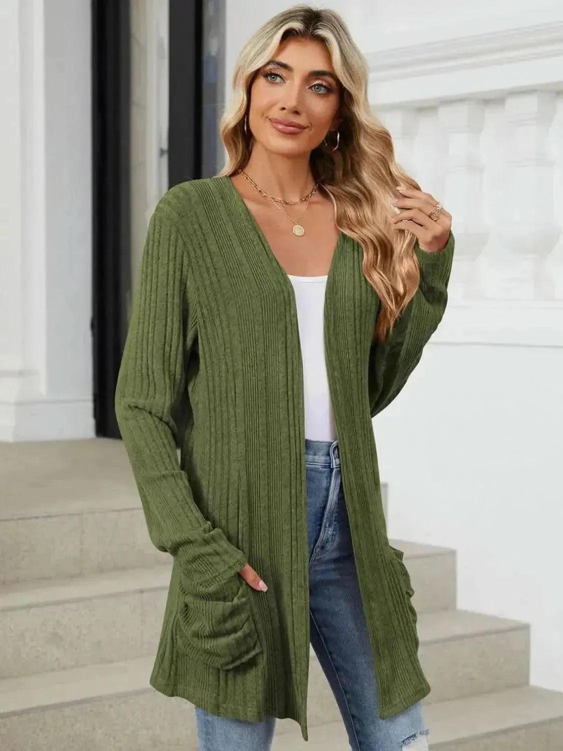 Pocketed Open Front Long Sleeve Cardigan - Bad Moms Club