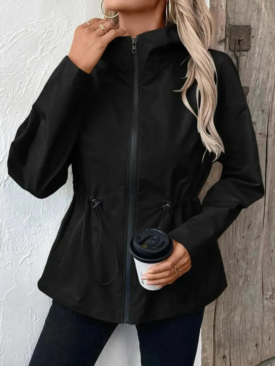 Drawstring Zip Up Hooded Jacket - Bad Moms Club