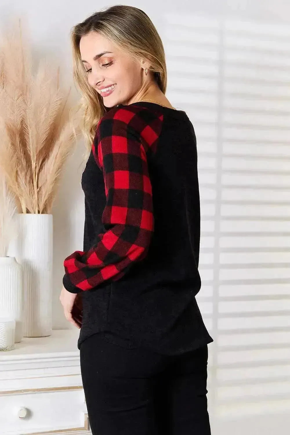 Heimish Full Size Sequin Reindeer Graphic Plaid Top - Bad Moms Club