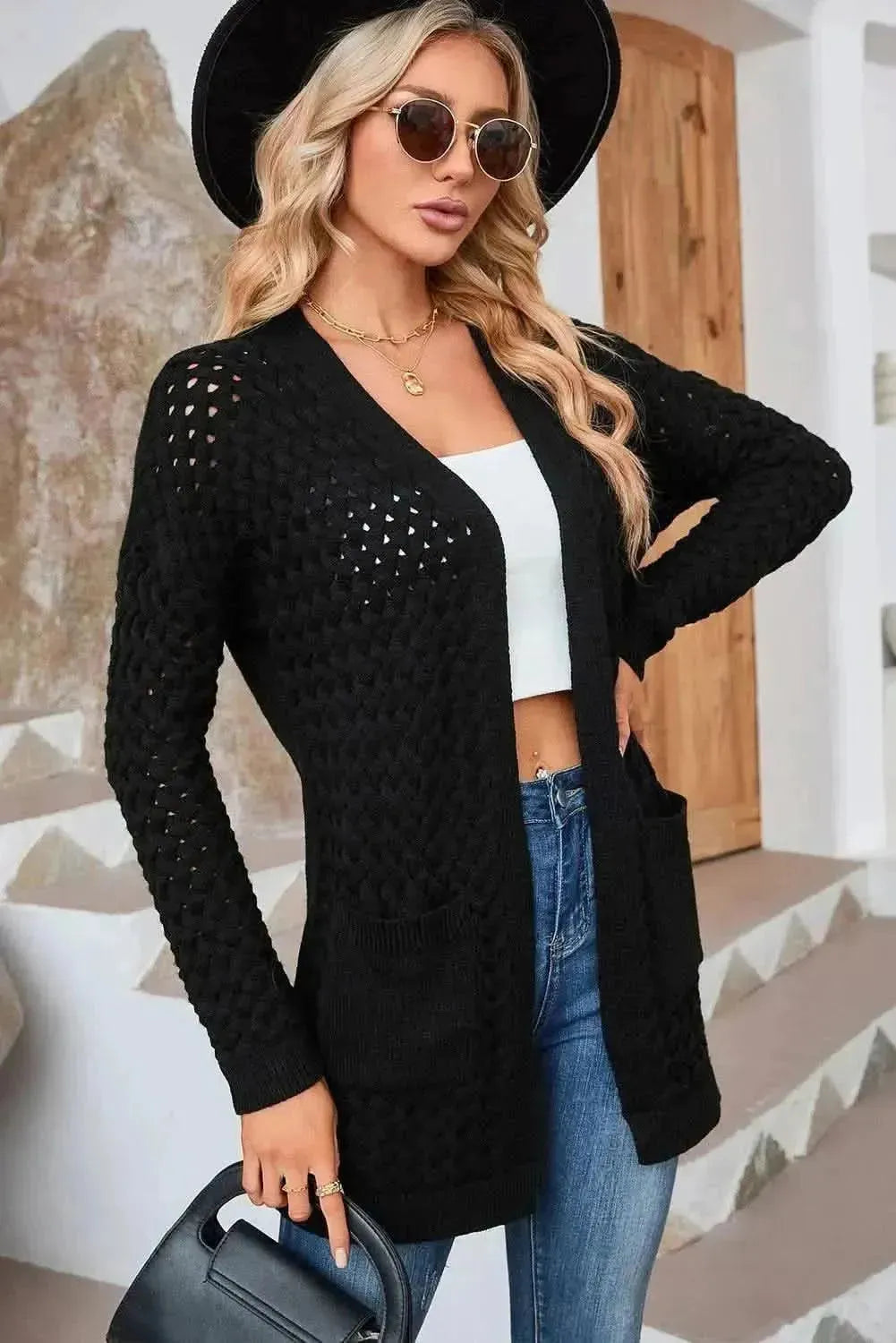 Open Front Dropped Shoulder Cardigan with Pockets - Bad Moms Club