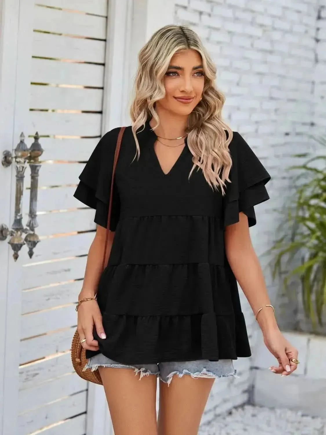 Tiered Notched Short Sleeve Blouse - Bad Moms Club