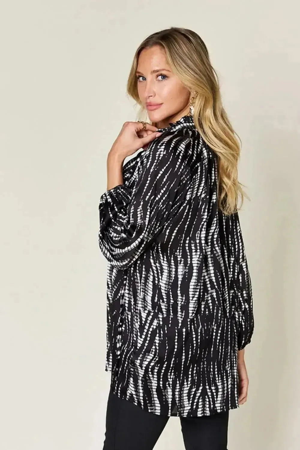 Double Take Full Size Printed Button Up Long Sleeve Shirt - Bad Moms Club