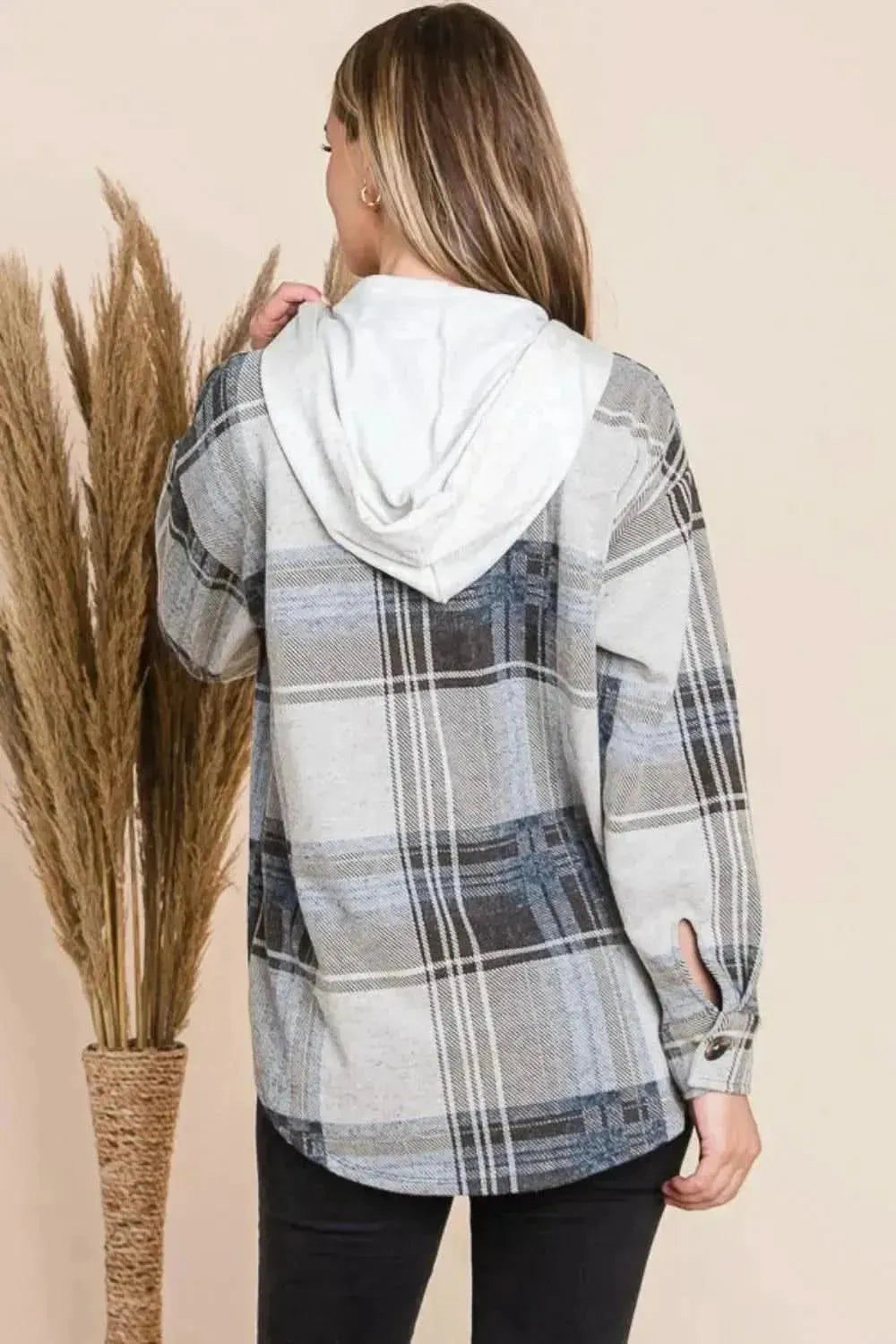 Reborn J Plaid Button Up Drawstring Hooded Jacket - Bad Moms Club