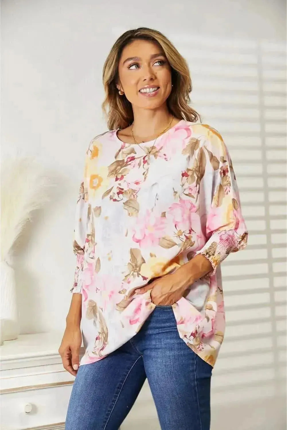 Double Take Floral Round Neck Three-Quarter Sleeve Top - Bad Moms Club
