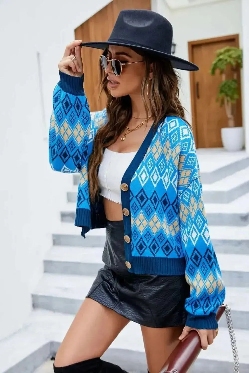 Argyle Button-Up Drop Shoulder Cardigan - Bad Moms Club
