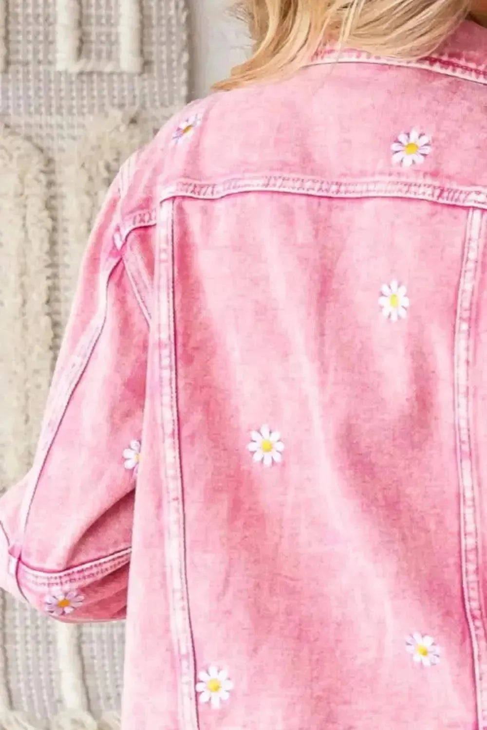 Veveret Daisy Print Button Up Denim Jacket - Bad Moms Club