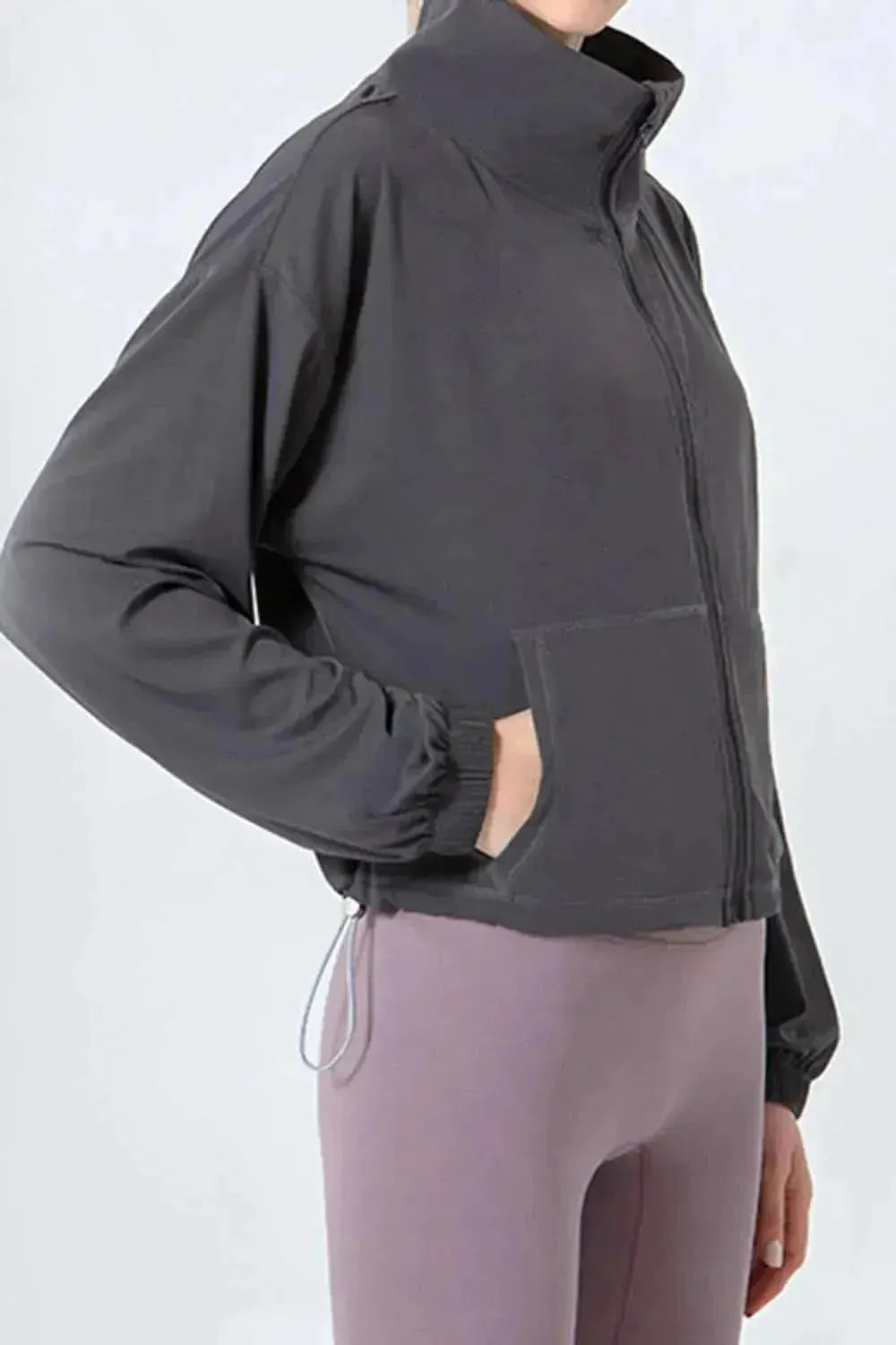 Drawstring Zip Up Dropped Shoulder Active Outerwear - Bad Moms Club