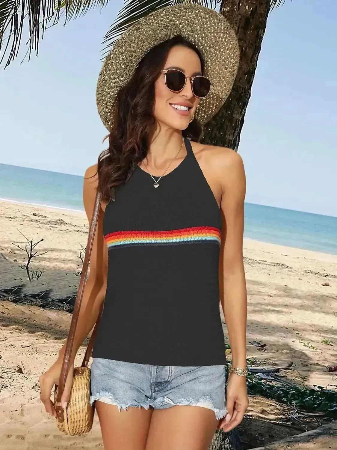 Tied Contrast Halter Neck Tank - Bad Moms Club