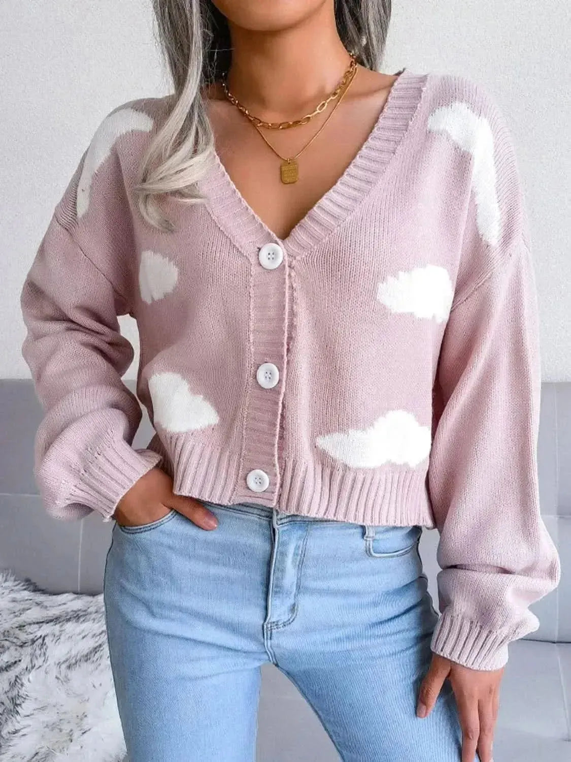 Cloud Print Button Down Ribbed Trim Cardigan - Bad Moms Club