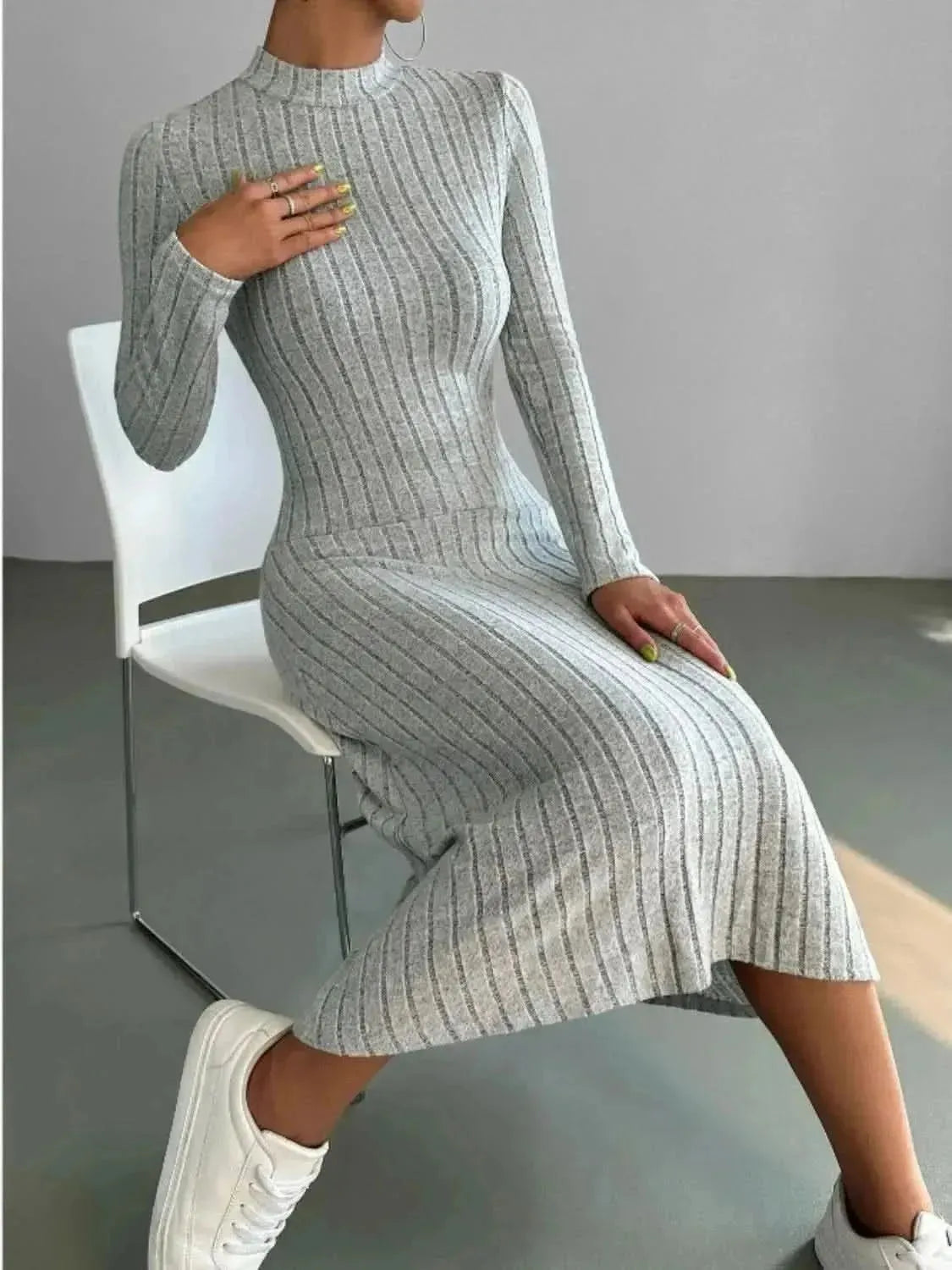 Ribbed Mock Neck Long Sleeve Midi Sweater Dress - Bad Moms Club