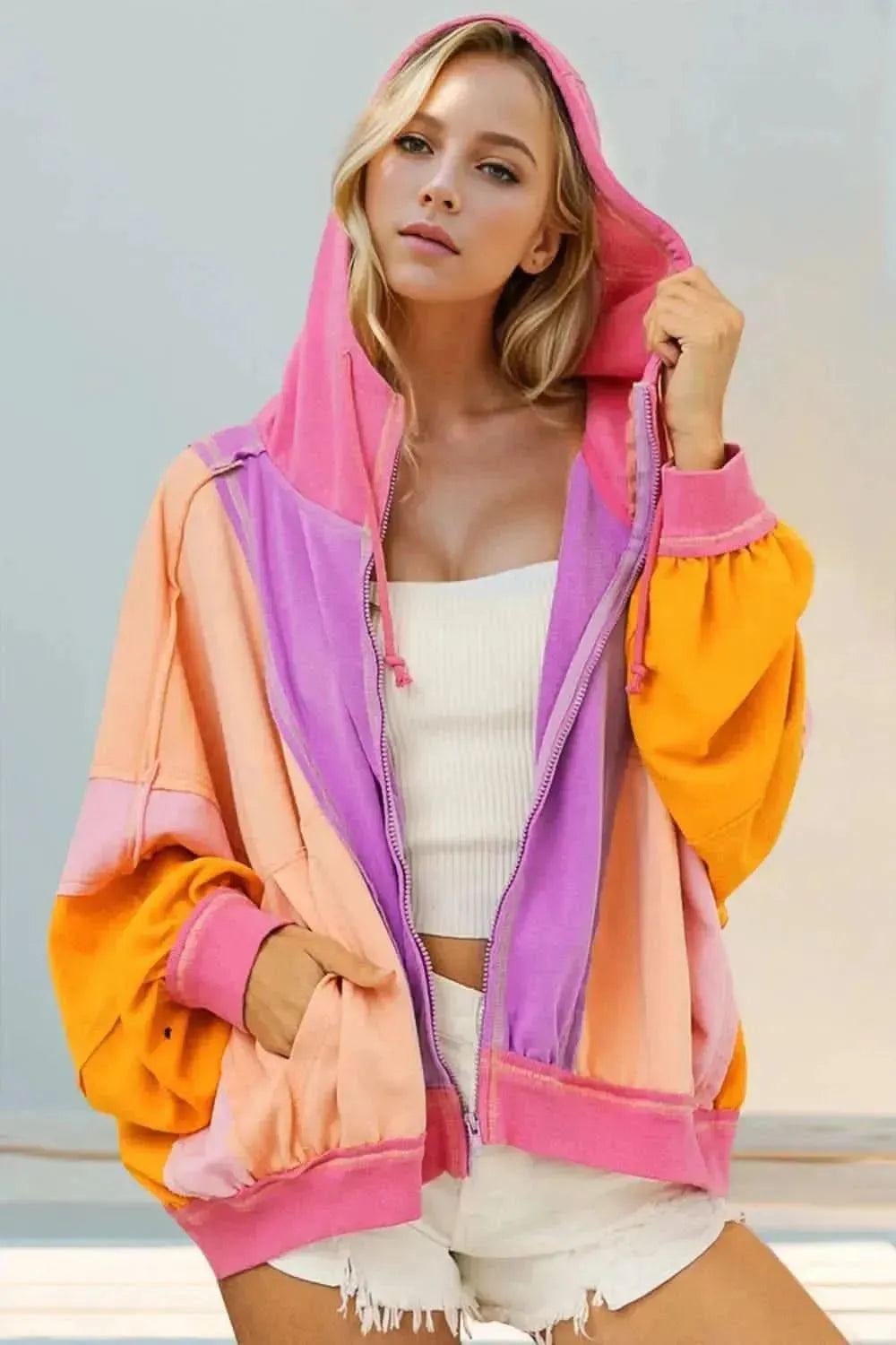 Double Take Full Size Color Block Zip Up Hoodie - Bad Moms Club
