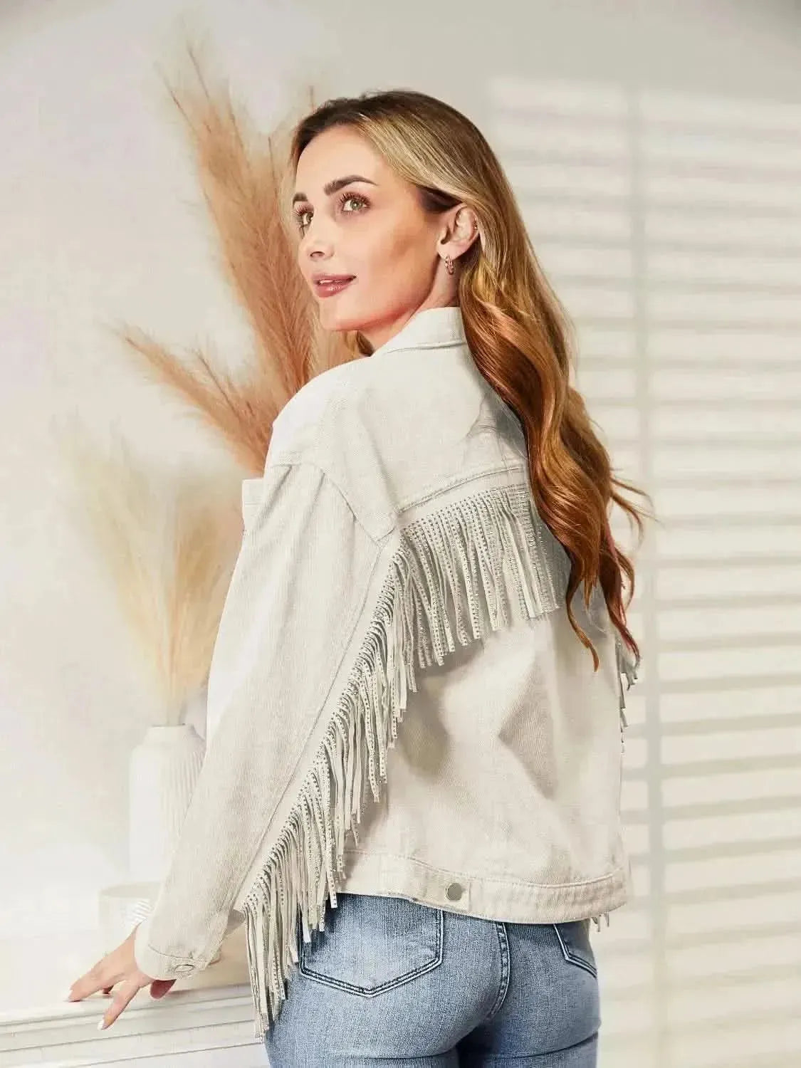 Fringe Detail Dropped Shoulder Denim Jacket - Bad Moms Club