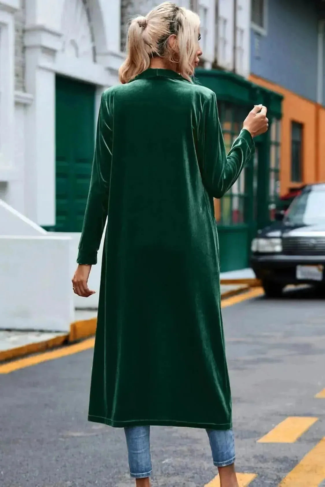 Velvet Open Front Long Cardigan with Pockets - Bad Moms Club