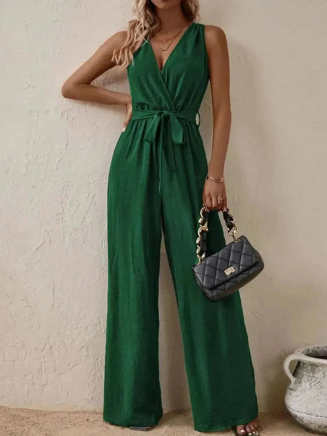 Honey Tied Surplice Sleeveless Wide Leg Jumpsuit - Bad Moms Club