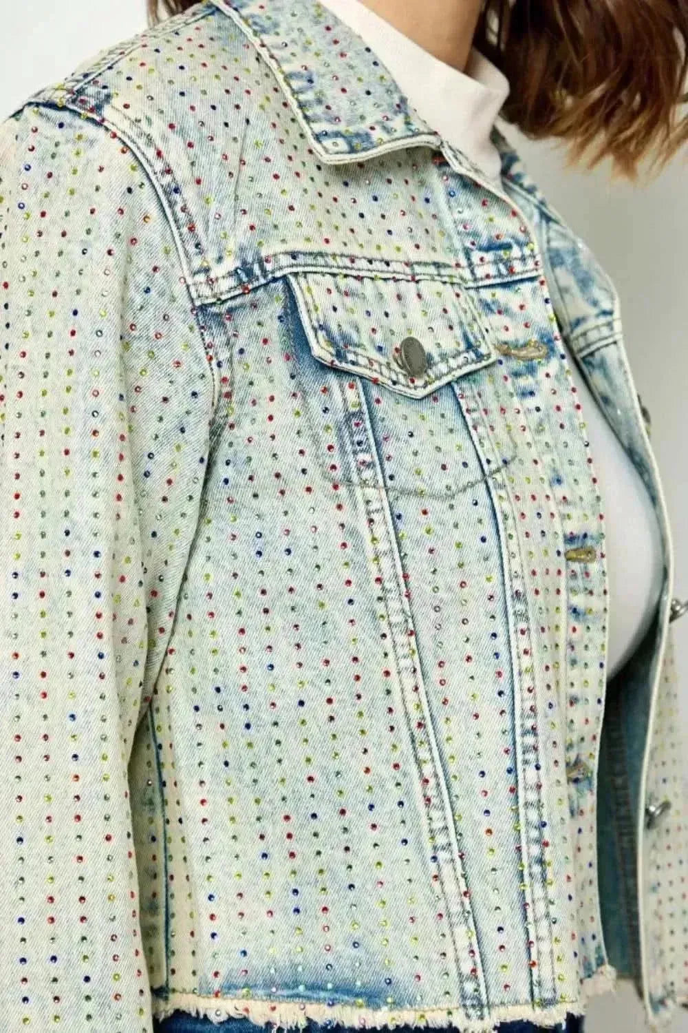 Veveret Multi Color Stripe Rhinestone Raw Hem Denim Jacket - Bad Moms Club