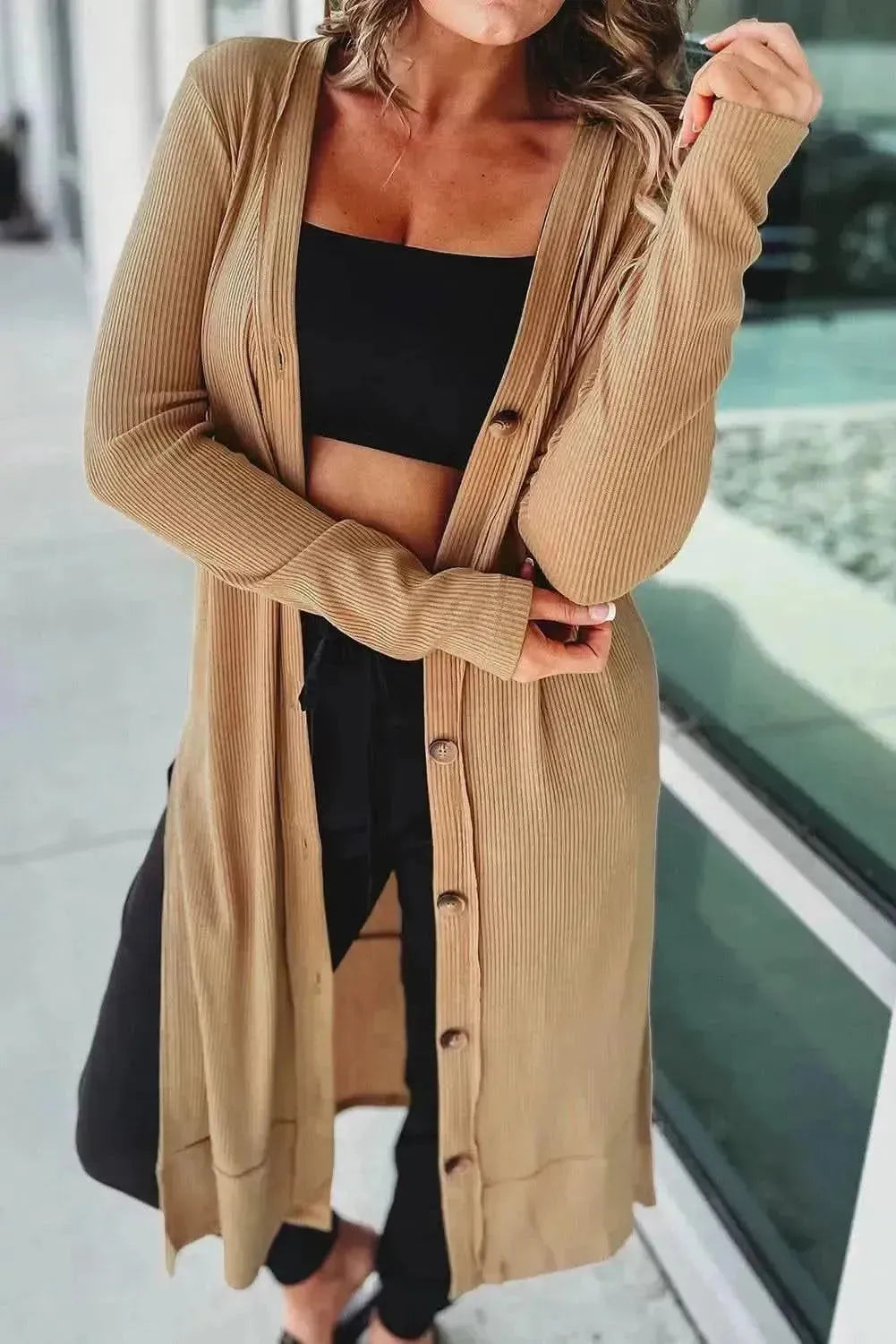 Button Up High-Low Long Sleeve Slit Cardigan - Bad Moms Club