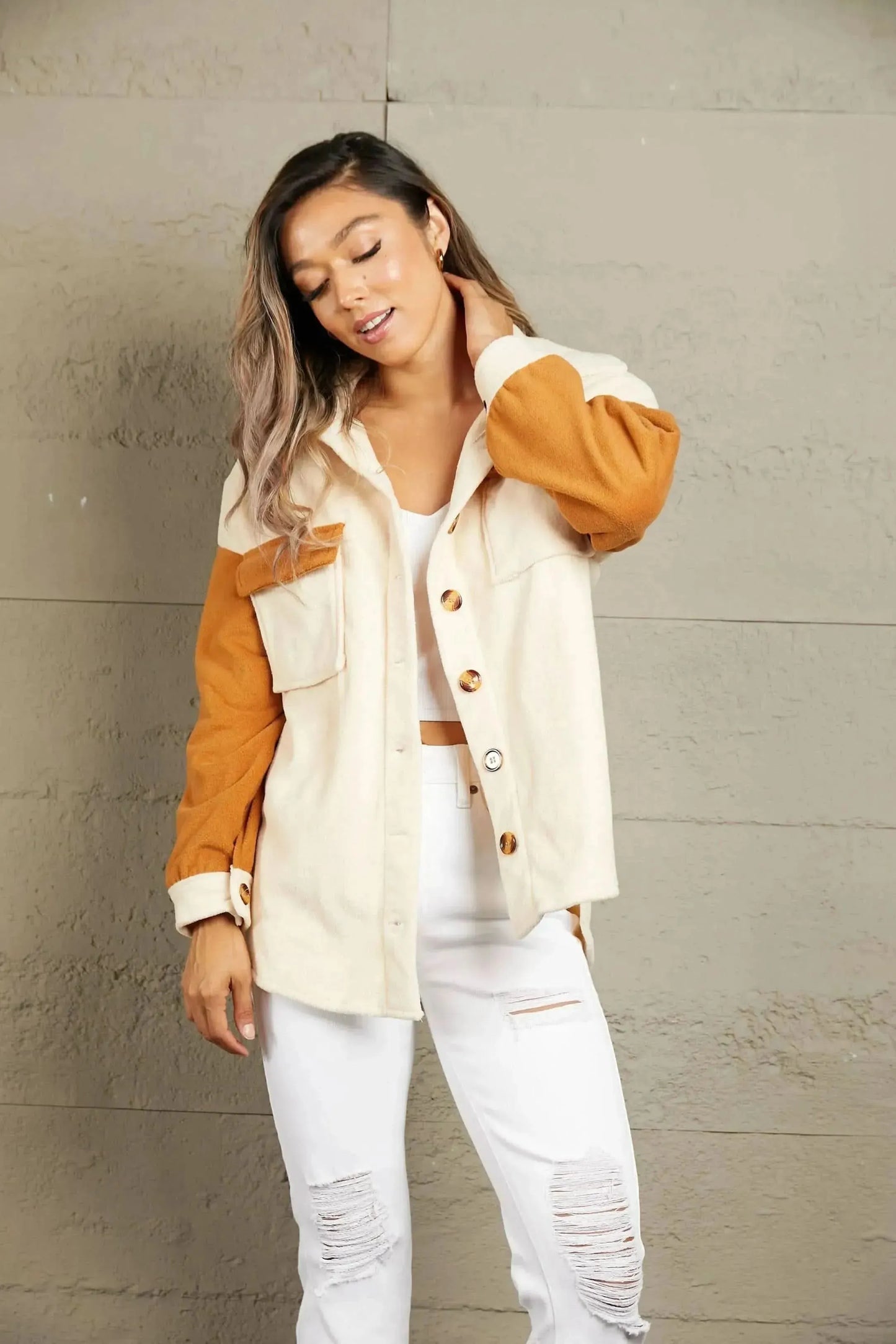 Contrast Button-Up Fleece Jacket - Bad Moms Club