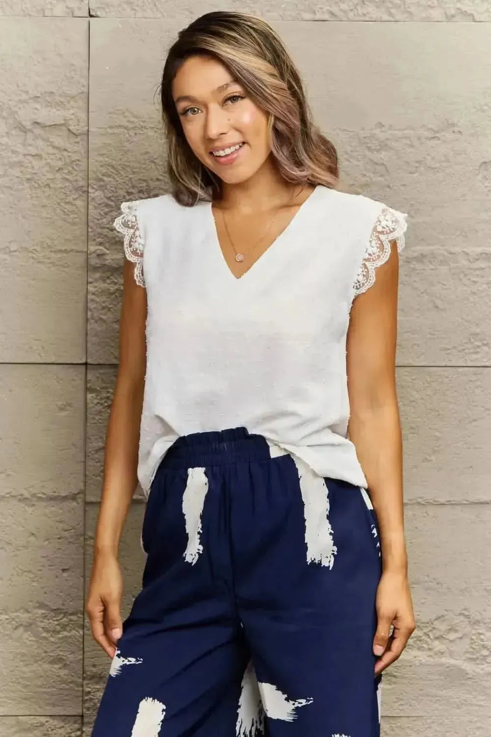 Perfee V-Neck Lace Trim Tank Top - Bad Moms Club