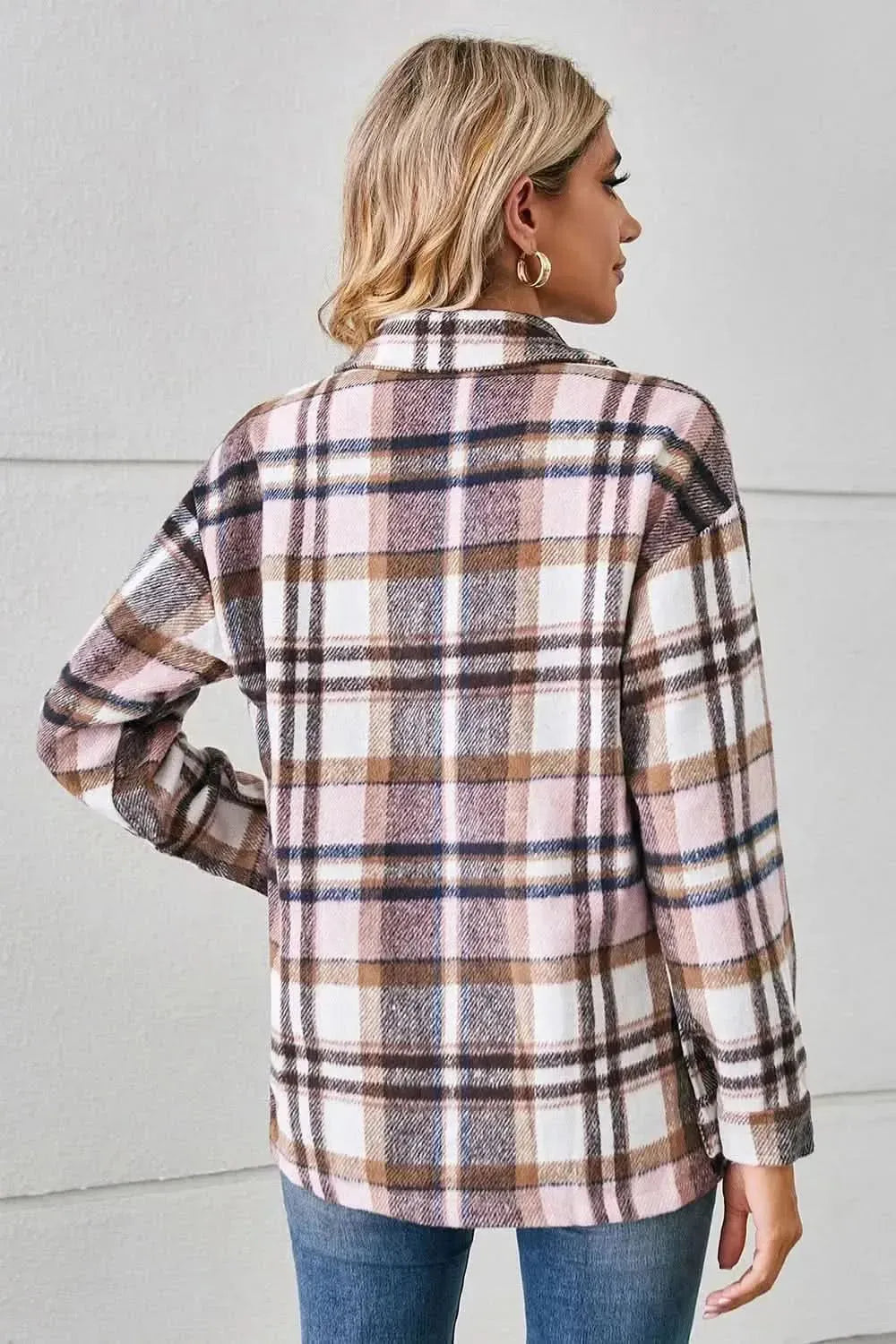 Button Down Collared Plaid Shacket - Bad Moms Club