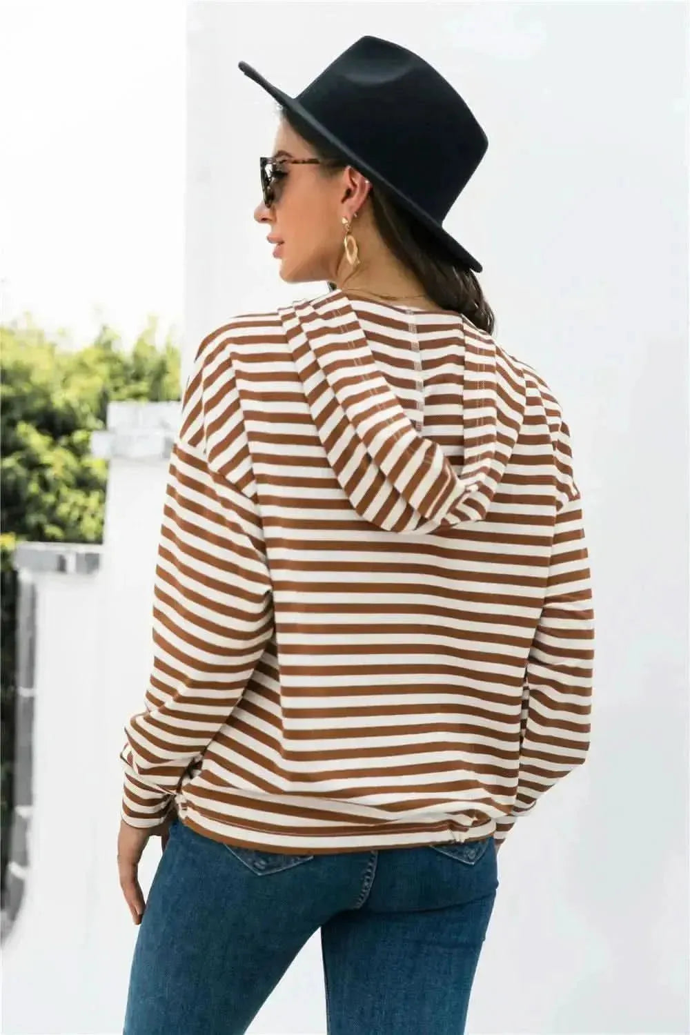 Striped Half-Button Dropped Shoulder Hoodie - Bad Moms Club