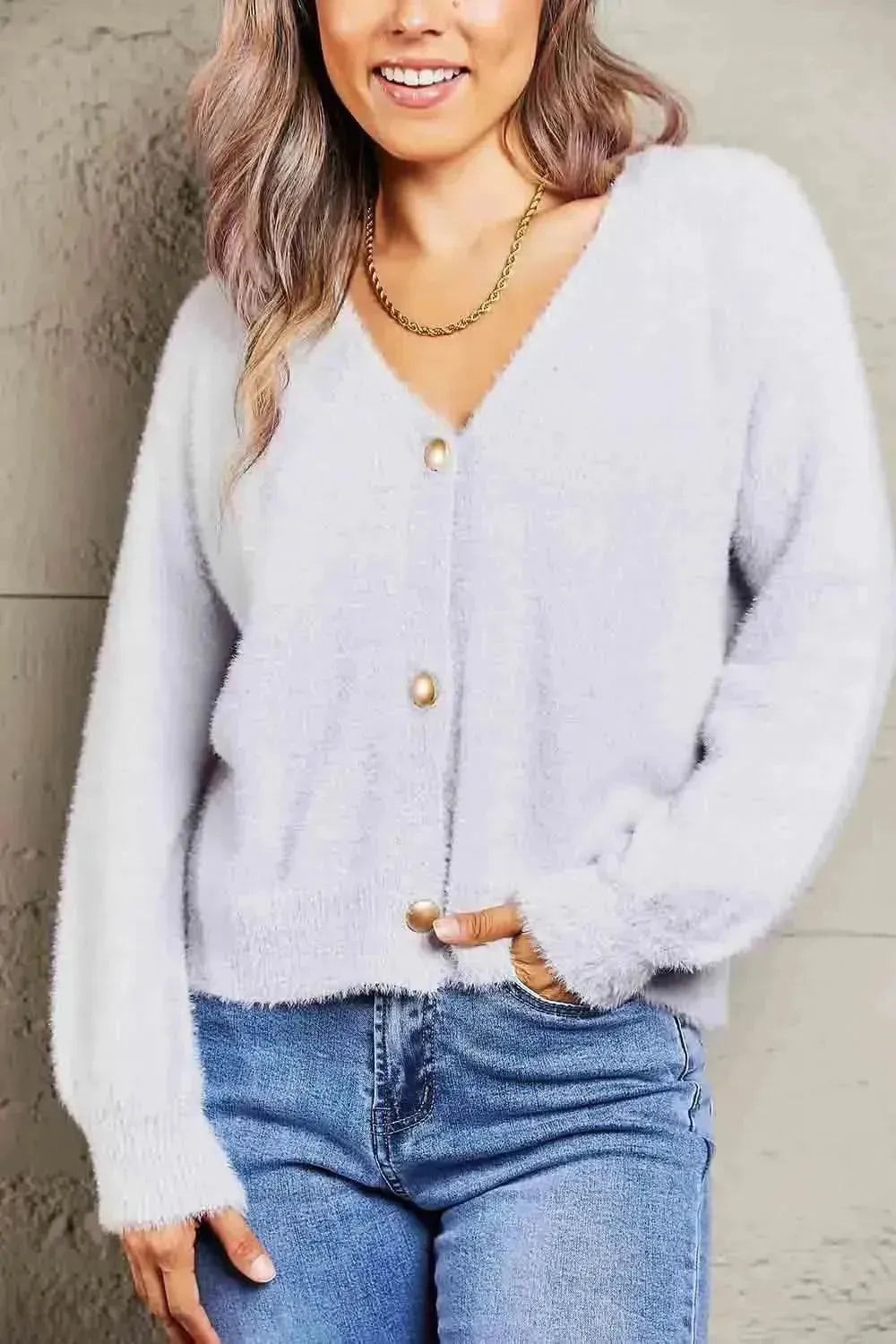 Fuzzy Long Sleeve Button Down Cardigan - Bad Moms Club