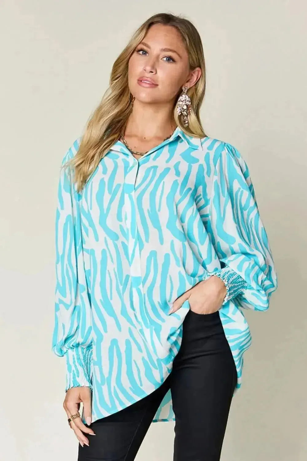 Double Take Full Size Printed Smocked Long Sleeve Blouse - Bad Moms Club