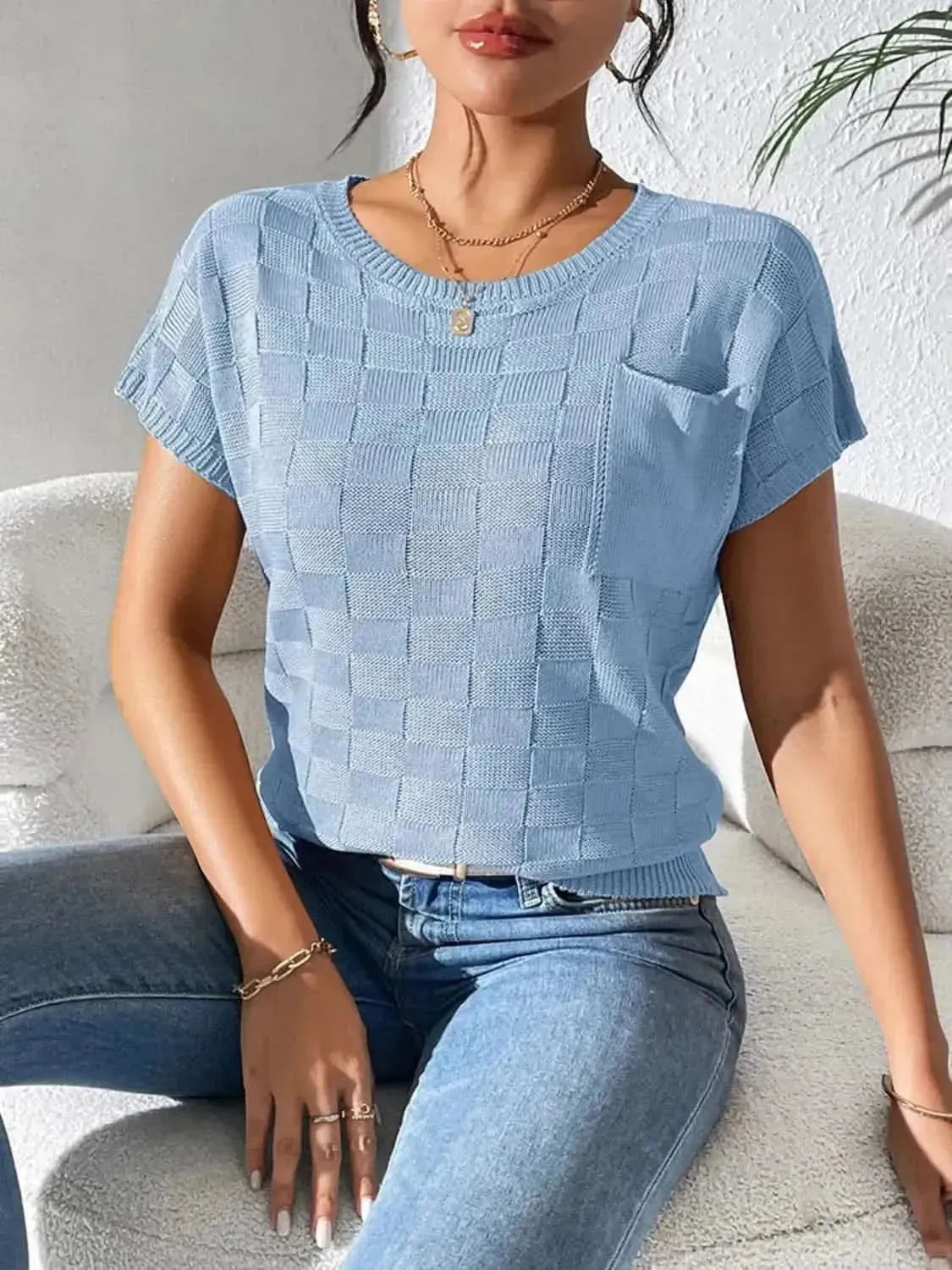 Round Neck Short Sleeve Knit Top - Bad Moms Club