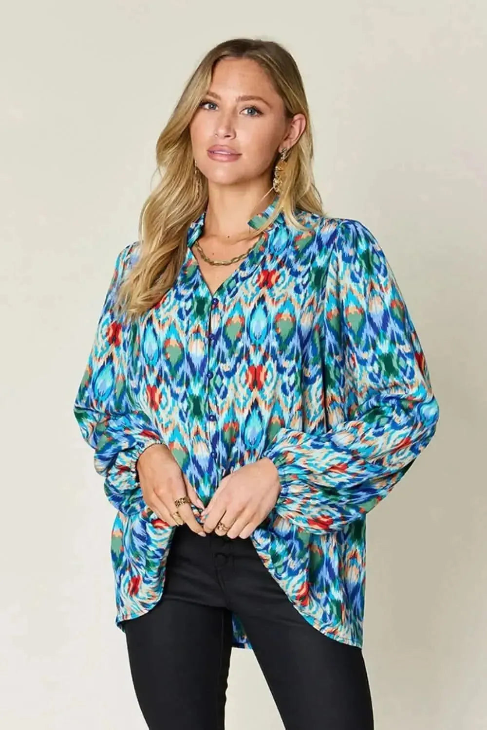 Double Take Full Size Printed Balloon Sleeve Blouse - Bad Moms Club
