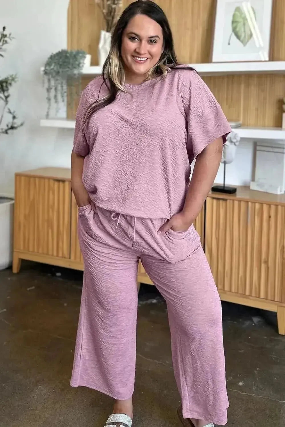Double Take Full Size Texture Short Sleeve Top and Pants Set - Bad Moms Club