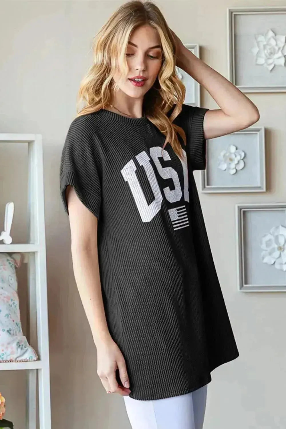 Heimish Full Size USA Graphic Short Sleeve Ribbed Top - Bad Moms Club
