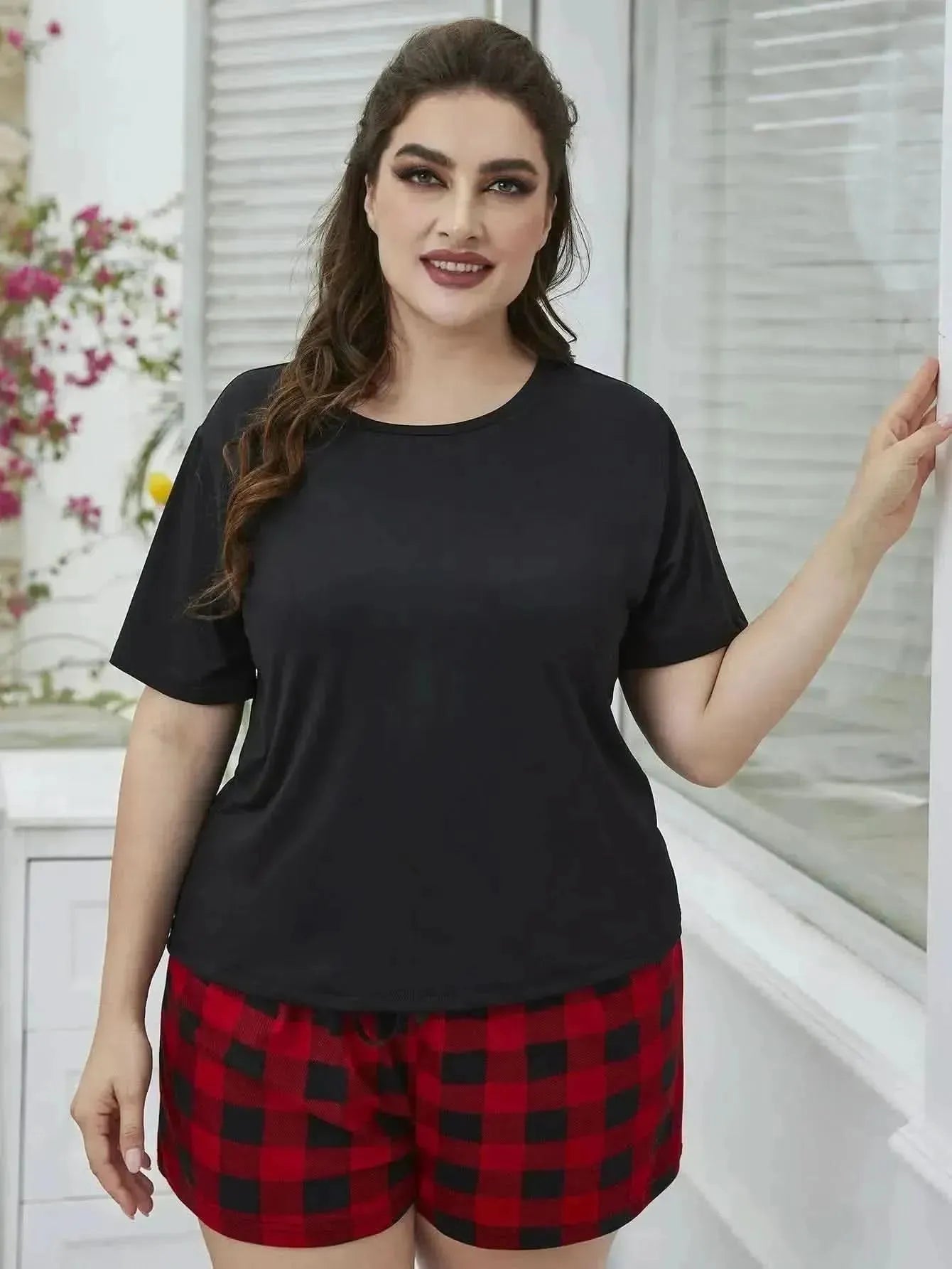 Plus Size Round Neck Tee Shirt and Plaid Shorts Lounge Set - Bad Moms Club